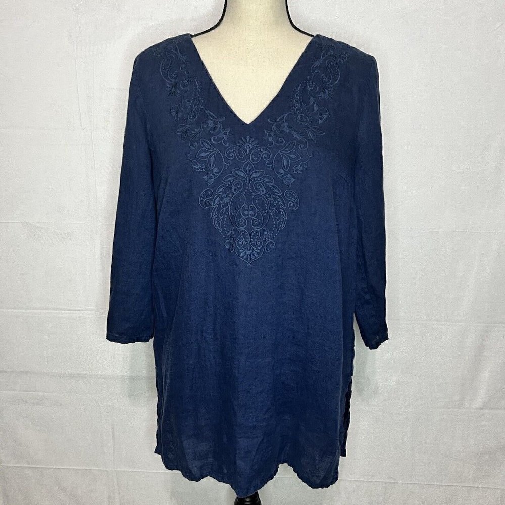 Saint Tropez West Navy Blue Embroidered 100% Linen Tunic V-Neck Sz M